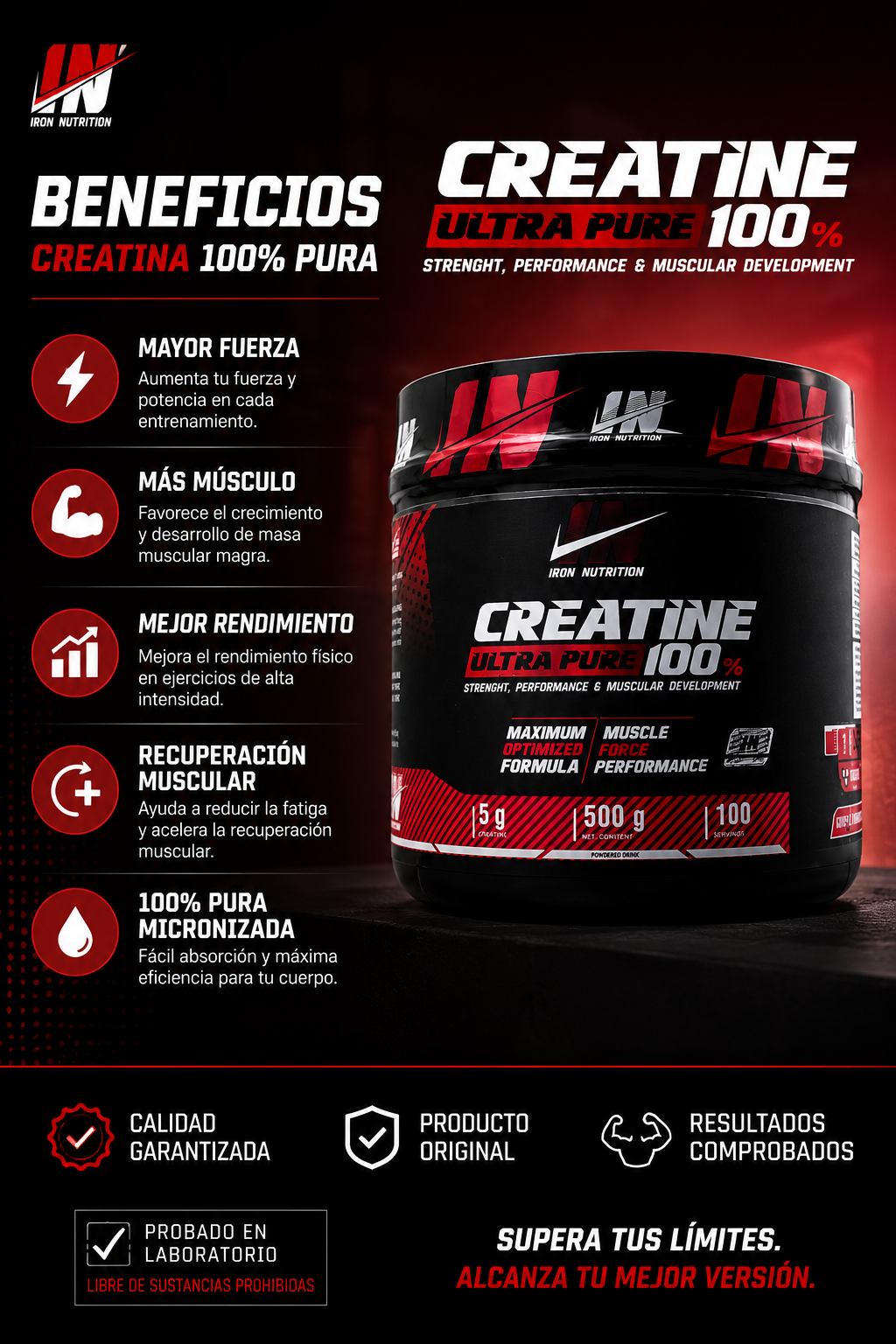 CREATINA MONOHIDRATADA IRON NUTRITION ULTRA PURE 100% 500 G | 100 PORCIONES | FUERZA Y RENDIMIENTO