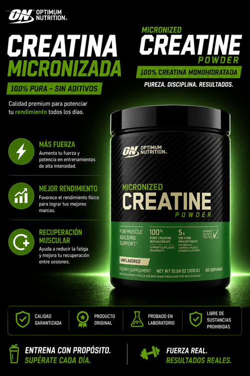 CREATINA MONOHIDRATADA MICRONIZADA OPTIMUM NUTRITION 300 G | 60 PORCIONES | FUERZA, POTENCIA Y RENDIMIENTO
